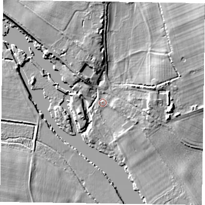 Shaded relief map of the ground around RG93BB, computed from Environment Agency LiDAR. The ground here sits at about 31 m above sea level and falls 16 m across the surrounding 800 m. Surface water reaching this point runs off ground lying to the north-east, 14.2 m higher.
