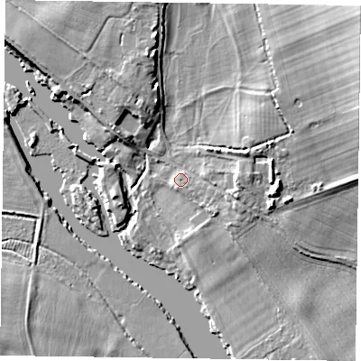 Shaded relief map of the ground around RG93BD, computed from Environment Agency LiDAR. The ground here sits at about 32 m above sea level and falls 21 m across the surrounding 800 m. Surface water reaching this point runs off ground lying to the east, 3.8 m higher.