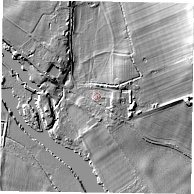 Shaded relief map of the ground around RG93BG, computed from Environment Agency LiDAR. The ground here sits at about 33 m above sea level and falls 28 m across the surrounding 800 m. Surface water reaching this point runs off ground lying to the east-north-east, 2.8 m higher.
