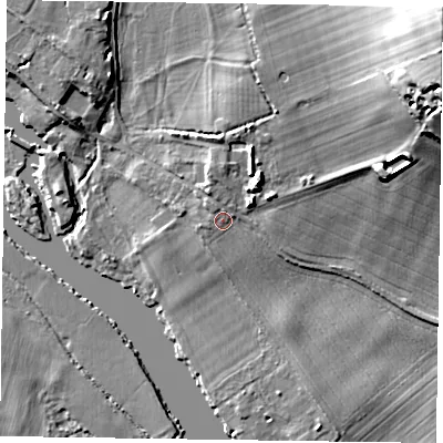 Shaded relief map of the ground around RG93BH, computed from Environment Agency LiDAR. The ground here sits at about 33 m above sea level and falls 39 m across the surrounding 800 m. Surface water reaching this point runs off ground lying to the north, 1.9 m higher.