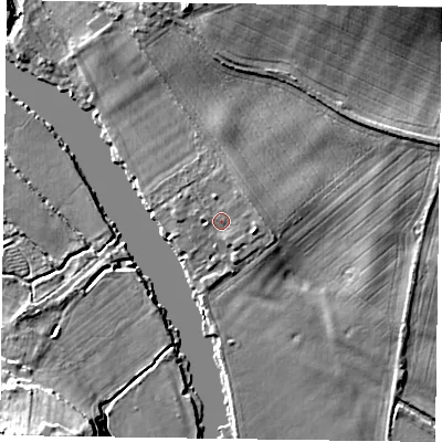 Shaded relief map of the ground around RG93BL, computed from Environment Agency LiDAR. The ground here sits at about 32 m above sea level and falls 12 m across the surrounding 800 m. Surface water reaching this point runs off ground lying to the east-south-east, 1.6 m higher.