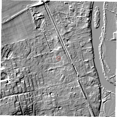 Shaded relief map of the ground around RG93BX, computed from Environment Agency LiDAR. The ground here sits at about 34 m above sea level and falls 14 m across the surrounding 800 m. Surface water reaching this point runs off ground lying to the west-south-west, 10.4 m higher.