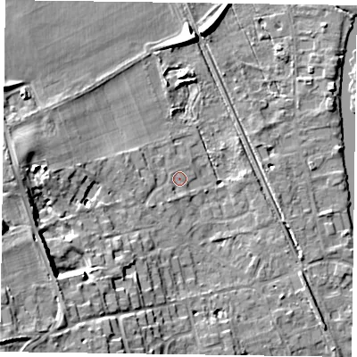 Shaded relief map of the ground around RG93BY, computed from Environment Agency LiDAR. The ground here sits at about 35 m above sea level and falls 19 m across the surrounding 800 m. Surface water reaching this point runs off ground lying to the west-south-west, 6.7 m higher.