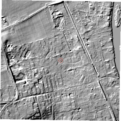 Shaded relief map of the ground around RG93BZ, computed from Environment Agency LiDAR. The ground here sits at about 35 m above sea level and falls 18 m across the surrounding 800 m. Surface water reaching this point runs off ground lying to the west-south-west, 8.0 m higher.