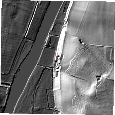 Shaded relief map of the ground around RG93DA, computed from Environment Agency LiDAR. The ground here sits at about 35 m above sea level and falls 57 m across the surrounding 800 m. Surface water reaching this point runs off ground lying to the east-south-east, 38.1 m higher.