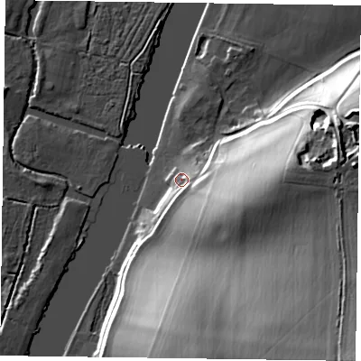 Shaded relief map of the ground around RG93DB, computed from Environment Agency LiDAR. The ground here sits at about 35 m above sea level and falls 38 m across the surrounding 800 m. Surface water reaching this point runs off ground lying to the east-south-east, 20.3 m higher.