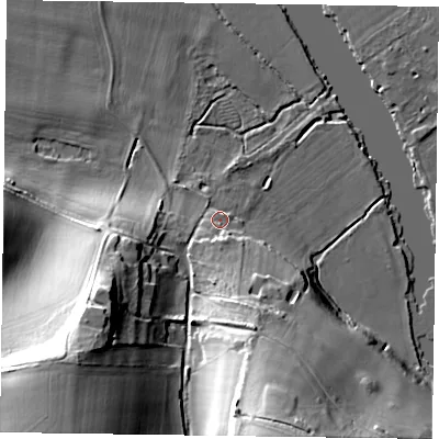 Shaded relief map of the ground around RG93DH, computed from Environment Agency LiDAR. The ground here sits at about 34 m above sea level and falls 39 m across the surrounding 800 m. Surface water reaching this point runs off ground lying to the south-west, 35.2 m higher.