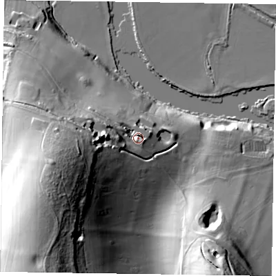 Shaded relief map of the ground around RG93DL, computed from Environment Agency LiDAR. The ground here sits at about 48 m above sea level and falls 63 m across the surrounding 800 m. Surface water reaching this point runs off ground lying to the west-south-west, 31.9 m higher.