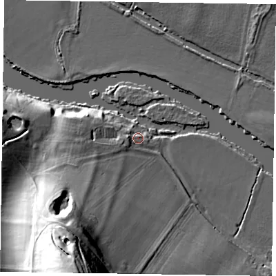 Shaded relief map of the ground around RG93DN, computed from Environment Agency LiDAR. The ground here sits at about 32 m above sea level and falls 44 m across the surrounding 800 m. Surface water reaching this point runs off ground lying to the west-south-west, 4.6 m higher.