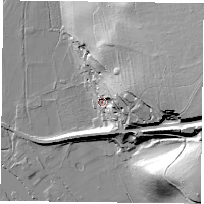 Shaded relief map of the ground around RG93HB, computed from Environment Agency LiDAR. The ground here sits at about 39 m above sea level and falls 68 m across the surrounding 800 m. Surface water reaching this point runs off ground lying to the east-north-east, 55.4 m higher.