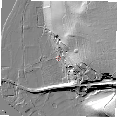Shaded relief map of the ground around RG93HE, computed from Environment Agency LiDAR. The ground here sits at about 34 m above sea level and falls 65 m across the surrounding 800 m. Surface water reaching this point runs off ground lying to the east, 63.4 m higher.