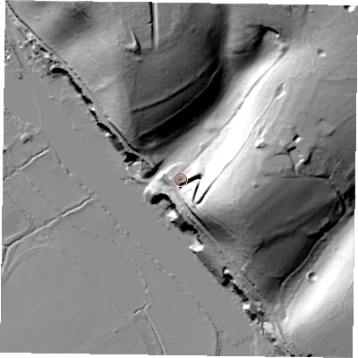 Shaded relief map of the ground around RG93HT, computed from Environment Agency LiDAR. The ground here sits at about 49 m above sea level and falls 67 m across the surrounding 800 m. Surface water reaching this point runs off ground lying to the east, 38.3 m higher.