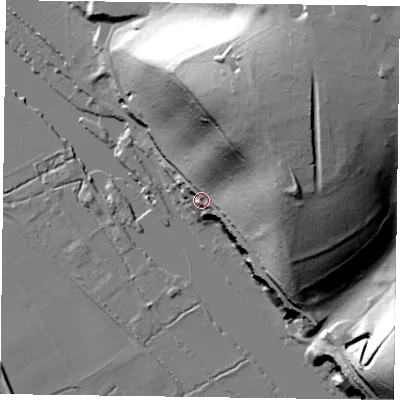 Shaded relief map of the ground around RG93HX, computed from Environment Agency LiDAR. The ground here sits at about 44 m above sea level and falls 75 m across the surrounding 800 m. Surface water reaching this point runs off ground lying to the north-east, 62.8 m higher.