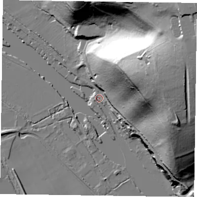 Shaded relief map of the ground around RG93HY, computed from Environment Agency LiDAR. The ground here sits at about 33 m above sea level and falls 76 m across the surrounding 800 m. Surface water reaching this point runs off ground lying to the east-north-east, 65.8 m higher.