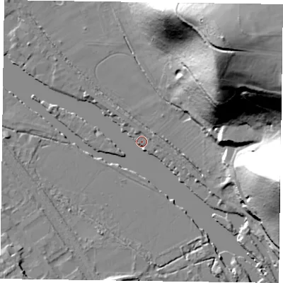 Shaded relief map of the ground around RG93JD, computed from Environment Agency LiDAR. The ground here sits at about 32 m above sea level and falls 70 m across the surrounding 800 m. Surface water reaching this point runs off ground lying to the east-south-east, 55.1 m higher.