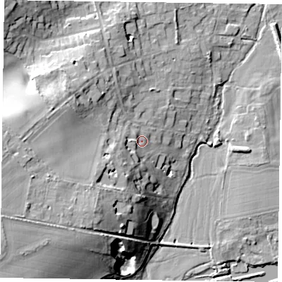 Shaded relief map of the ground around RG93LD, computed from Environment Agency LiDAR. The ground here sits at about 40 m above sea level and falls 28 m across the surrounding 800 m. Surface water reaching this point runs off ground lying to the south-west, 9.9 m higher.