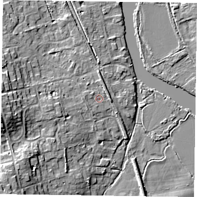 Shaded relief map of the ground around RG93LF, computed from Environment Agency LiDAR. The ground here sits at about 35 m above sea level and falls 14 m across the surrounding 800 m. Surface water reaching this point runs off ground lying to the west-south-west, 1.2 m higher.