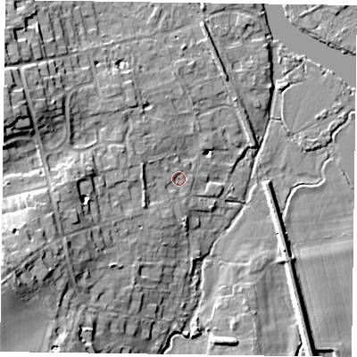 Shaded relief map of the ground around RG93LJ, computed from Environment Agency LiDAR. The ground here sits at about 35 m above sea level and falls 19 m across the surrounding 800 m. Surface water reaching this point runs off ground lying to the west-south-west, 14.7 m higher.