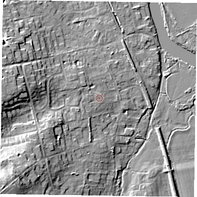 Shaded relief map of the ground around RG93LL, computed from Environment Agency LiDAR. The ground here sits at about 36 m above sea level and falls 20 m across the surrounding 800 m. Surface water reaching this point runs off ground lying to the west-south-west, 1.6 m higher.