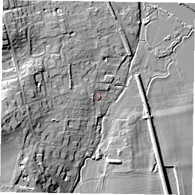 Shaded relief map of the ground around RG93LP, computed from Environment Agency LiDAR. The ground here sits at about 34 m above sea level and falls 21 m across the surrounding 800 m. Surface water reaching this point runs off ground lying to the west-north-west, 3.0 m higher.