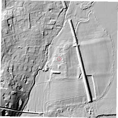 Shaded relief map of the ground around RG93LS, computed from Environment Agency LiDAR. The ground here sits at about 34 m above sea level and falls 19 m across the surrounding 800 m. Surface water reaching this point runs off ground lying to the south, 1.8 m higher.