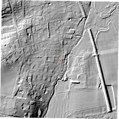 Shaded relief map of the ground around RG93LT, computed from Environment Agency LiDAR. The ground here sits at about 34 m above sea level and falls 23 m across the surrounding 800 m. Surface water reaching this point runs off ground lying to the south-west, 19.9 m higher.