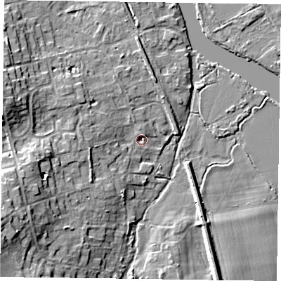 Shaded relief map of the ground around RG93LW, computed from Environment Agency LiDAR. The ground here sits at about 33 m above sea level and falls 15 m across the surrounding 800 m. Surface water reaching this point runs off ground lying to the west-south-west, 11.6 m higher.