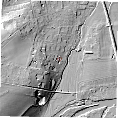 Shaded relief map of the ground around RG93LX, computed from Environment Agency LiDAR. The ground here sits at about 36 m above sea level and falls 26 m across the surrounding 800 m. Surface water reaching this point runs off ground lying to the west-south-west, 19.6 m higher.