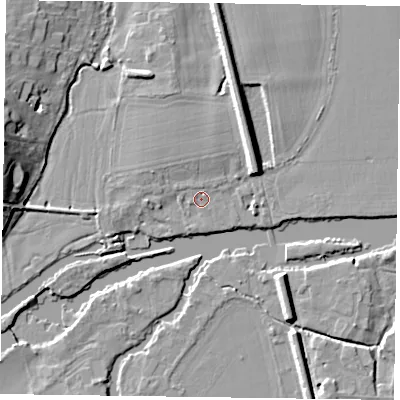 Shaded relief map of the ground around RG93LY, computed from Environment Agency LiDAR. The ground here sits at about 33 m above sea level and falls 12 m across the surrounding 800 m. Surface water reaching this point runs off ground lying to the west-north-west, 2.2 m higher.