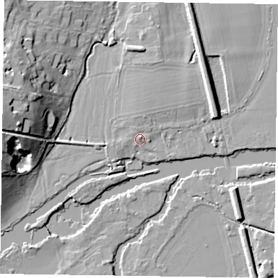 Shaded relief map of the ground around RG93LZ, computed from Environment Agency LiDAR. The ground here sits at about 35 m above sea level and falls 19 m across the surrounding 800 m. Surface water reaching this point runs off ground lying to the north-north-east, 1.4 m higher.