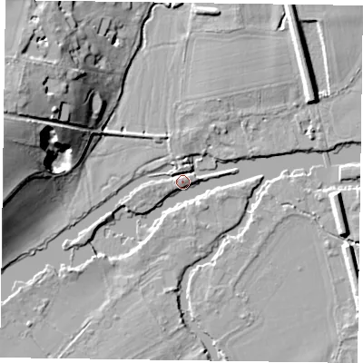 Shaded relief map of the ground around RG93NA, computed from Environment Agency LiDAR. The ground here sits at about 34 m above sea level and falls 21 m across the surrounding 800 m. Surface water reaching this point runs off ground lying to the west-north-west, 20.9 m higher.