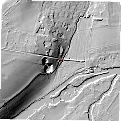 Shaded relief map of the ground around RG93NB, computed from Environment Agency LiDAR. The ground here sits at about 36 m above sea level and falls 27 m across the surrounding 800 m. Surface water reaching this point runs off ground lying to the west, 25.2 m higher.