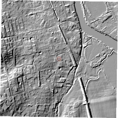 Shaded relief map of the ground around RG93NE, computed from Environment Agency LiDAR. The ground here sits at about 35 m above sea level and falls 15 m across the surrounding 800 m. Surface water reaching this point runs off ground lying to the south-west, 0.6 m higher.