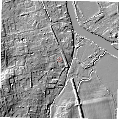 Shaded relief map of the ground around RG93NG, computed from Environment Agency LiDAR. The ground here sits at about 34 m above sea level and falls 13 m across the surrounding 800 m. Surface water reaching this point runs off ground lying to the north-west, 2.2 m higher.
