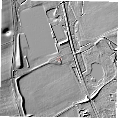 Shaded relief map of the ground around RG93NN, computed from Environment Agency LiDAR. The ground here sits at about 35 m above sea level and falls 14 m across the surrounding 800 m. Surface water reaching this point runs off ground lying to the west-south-west, 1.7 m higher.