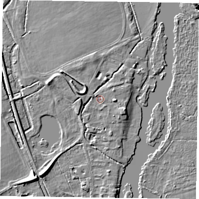 Shaded relief map of the ground around RG93NR, computed from Environment Agency LiDAR. The ground here sits at about 34 m above sea level and falls 13 m across the surrounding 800 m. Surface water reaching this point runs off ground lying to the east, 2.6 m higher.
