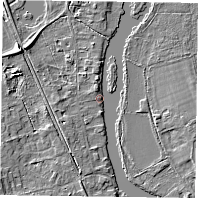 Shaded relief map of the ground around RG93NS, computed from Environment Agency LiDAR. The ground here sits at about 34 m above sea level and falls 8 m across the surrounding 800 m. Surface water reaching this point runs off ground lying to the south-south-west, 3.8 m higher.