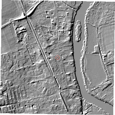 Shaded relief map of the ground around RG93NT, computed from Environment Agency LiDAR. The ground here sits at about 34 m above sea level and falls 11 m across the surrounding 800 m. Surface water reaching this point runs off ground lying to the west-south-west, 1.3 m higher.