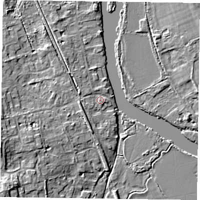 Shaded relief map of the ground around RG93NU, computed from Environment Agency LiDAR. The ground here sits at about 34 m above sea level and falls 10 m across the surrounding 800 m. Surface water reaching this point runs off ground lying to the west-south-west, 2.5 m higher.