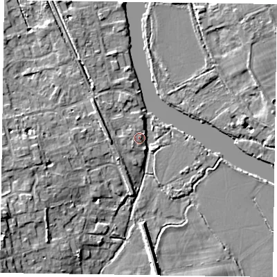 Shaded relief map of the ground around RG93NX, computed from Environment Agency LiDAR. The ground here sits at about 34 m above sea level and falls 9 m across the surrounding 800 m. Surface water reaching this point runs off ground lying to the south-west, 8.5 m higher.