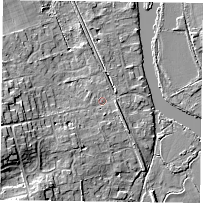 Shaded relief map of the ground around RG93NY, computed from Environment Agency LiDAR. The ground here sits at about 35 m above sea level and falls 13 m across the surrounding 800 m. Surface water reaching this point runs off ground lying to the west-south-west, 10.5 m higher.