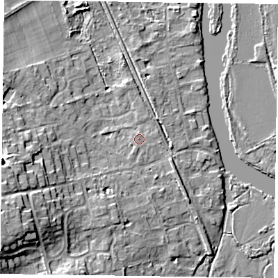 Shaded relief map of the ground around RG93PA, computed from Environment Agency LiDAR. The ground here sits at about 35 m above sea level and falls 14 m across the surrounding 800 m. Surface water reaching this point runs off ground lying to the south-south-west, 0.9 m higher.