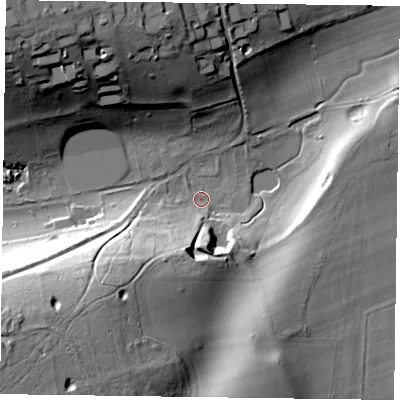Shaded relief map of the ground around RG94AX, computed from Environment Agency LiDAR. The ground here sits at about 36 m above sea level and falls 46 m across the surrounding 800 m. Surface water reaching this point runs off ground lying to the south-west, 33.5 m higher.