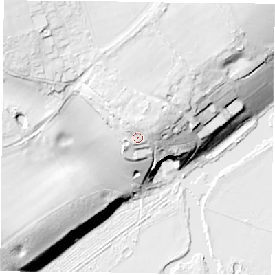 Shaded relief map of the ground around RG94BS, computed from Environment Agency LiDAR. The ground here sits at about 58 m above sea level and falls 32 m across the surrounding 800 m. Surface water reaching this point runs off ground lying to the north-north-west, 3.5 m higher.