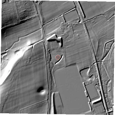 Shaded relief map of the ground around RG94GE, computed from Environment Agency LiDAR. The ground here sits at about 34 m above sea level and falls 20 m across the surrounding 800 m. Surface water reaching this point runs off ground lying to the south-west, 15.9 m higher.