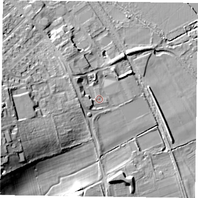 Shaded relief map of the ground around RG94HA, computed from Environment Agency LiDAR. The ground here sits at about 35 m above sea level and falls 21 m across the surrounding 800 m. Surface water reaching this point runs off ground lying to the west-south-west, 2.5 m higher.