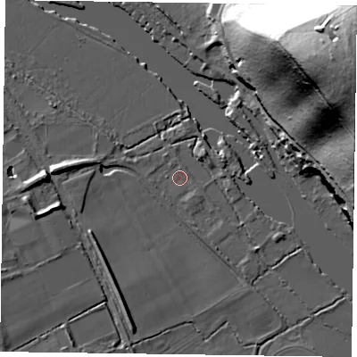 Shaded relief map of the ground around RG94HB, computed from Environment Agency LiDAR. The ground here sits at about 32 m above sea level and falls 70 m across the surrounding 800 m. Surface water reaching this point runs off ground lying to the south-south-east, 1.2 m higher.