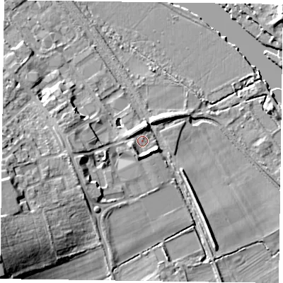 Shaded relief map of the ground around RG94HD, computed from Environment Agency LiDAR. The ground here sits at about 34 m above sea level and falls 16 m across the surrounding 800 m. Surface water reaching this point runs off ground lying to the south-south-west, 3.0 m higher.