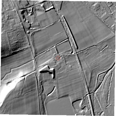 Shaded relief map of the ground around RG94HF, computed from Environment Agency LiDAR. The ground here sits at about 34 m above sea level and falls 15 m across the surrounding 800 m. Surface water reaching this point runs off ground lying to the south-south-west, 6.2 m higher.