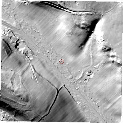 Shaded relief map of the ground around RG96AD, computed from Environment Agency LiDAR. The ground here sits at about 47 m above sea level and falls 64 m across the surrounding 800 m. Surface water reaching this point runs off ground lying to the north-north-east, 60.0 m higher.